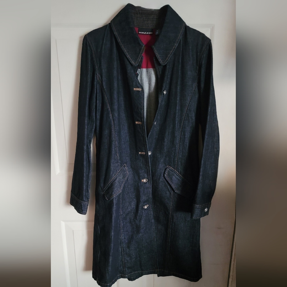 NWOT DKNY Retro  Indigo Denim Trench Coat Sz M - Picture 2 of 6